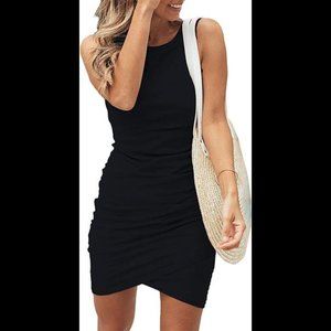 Women Casual Dress Crew Neck Ruched Summer Sleeveless Tank Bodycon Shirt Short M
